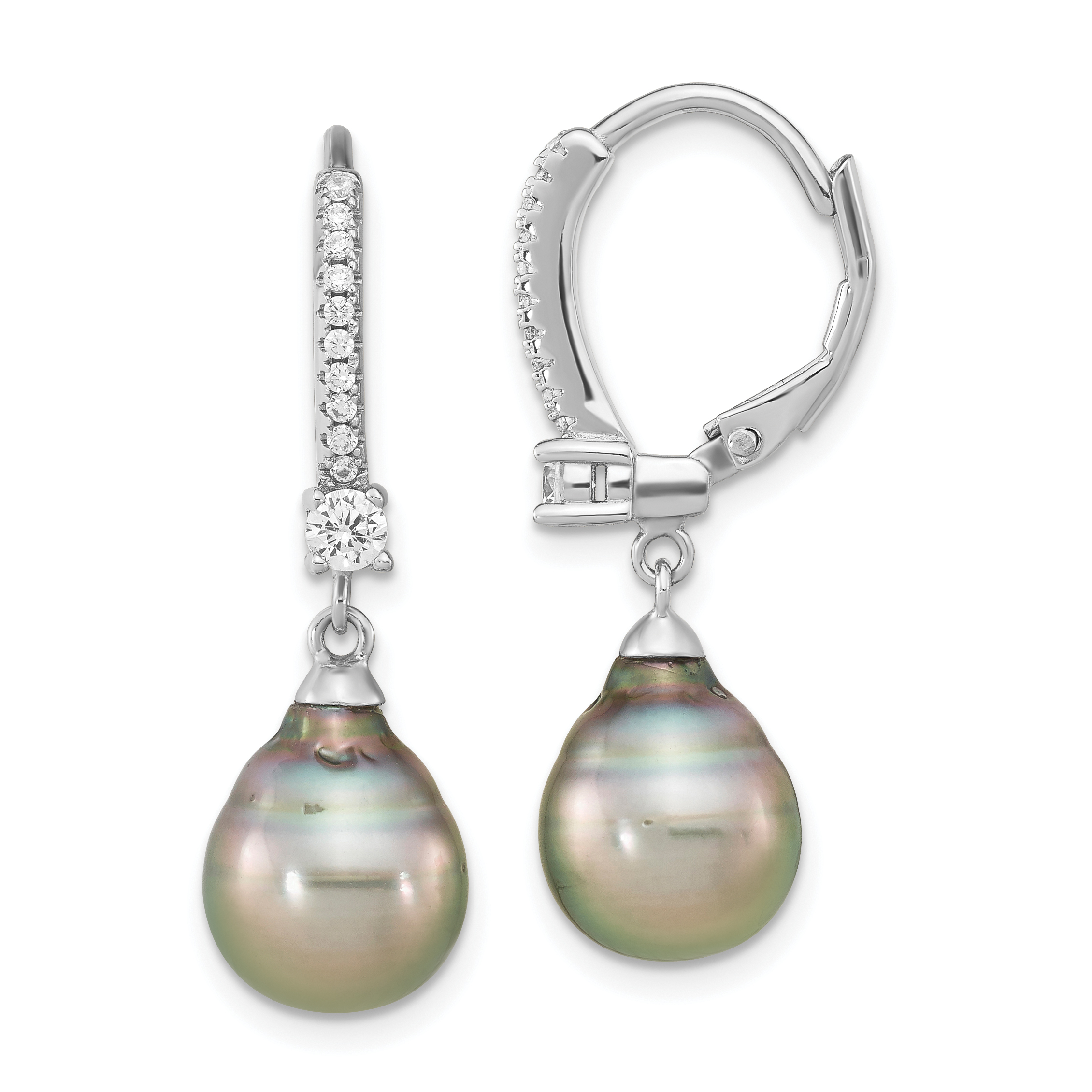Sterling Silver Rhodium-plated 9-10mm Black Teardrop Tahitian Saltwater Cultured Pearl and CZ Dangle Leverback Earrings (QE16379)