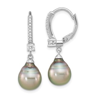 Sterling Silver Rhodium-plated 9-10mm Black Teardrop Tahitian Saltwater Cultured Pearl and CZ Dangle Leverback Earrings