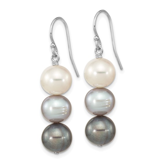 "Sterling Silver Rhodium-plated 8-9mm Black, White and Grey Near-Round Freshwater Cultured Pearl Dangle Earrings"