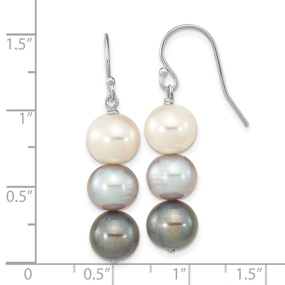 "Sterling Silver Rhodium-plated 8-9mm Black, White and Grey Near-Round Freshwater Cultured Pearl Dangle Earrings"