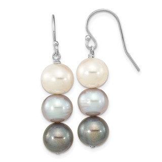 "Sterling Silver Rhodium-plated 8-9mm Black, White and Grey Near-Round Freshwater Cultured Pearl Dangle Earrings"