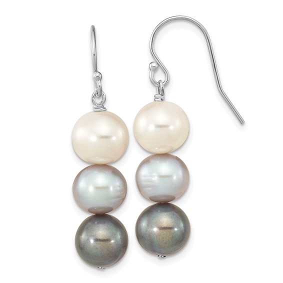 "Sterling Silver Rhodium-plated 8-9mm Black, White and Grey Near-Round Freshwater Cultured Pearl Dangle Earrings"