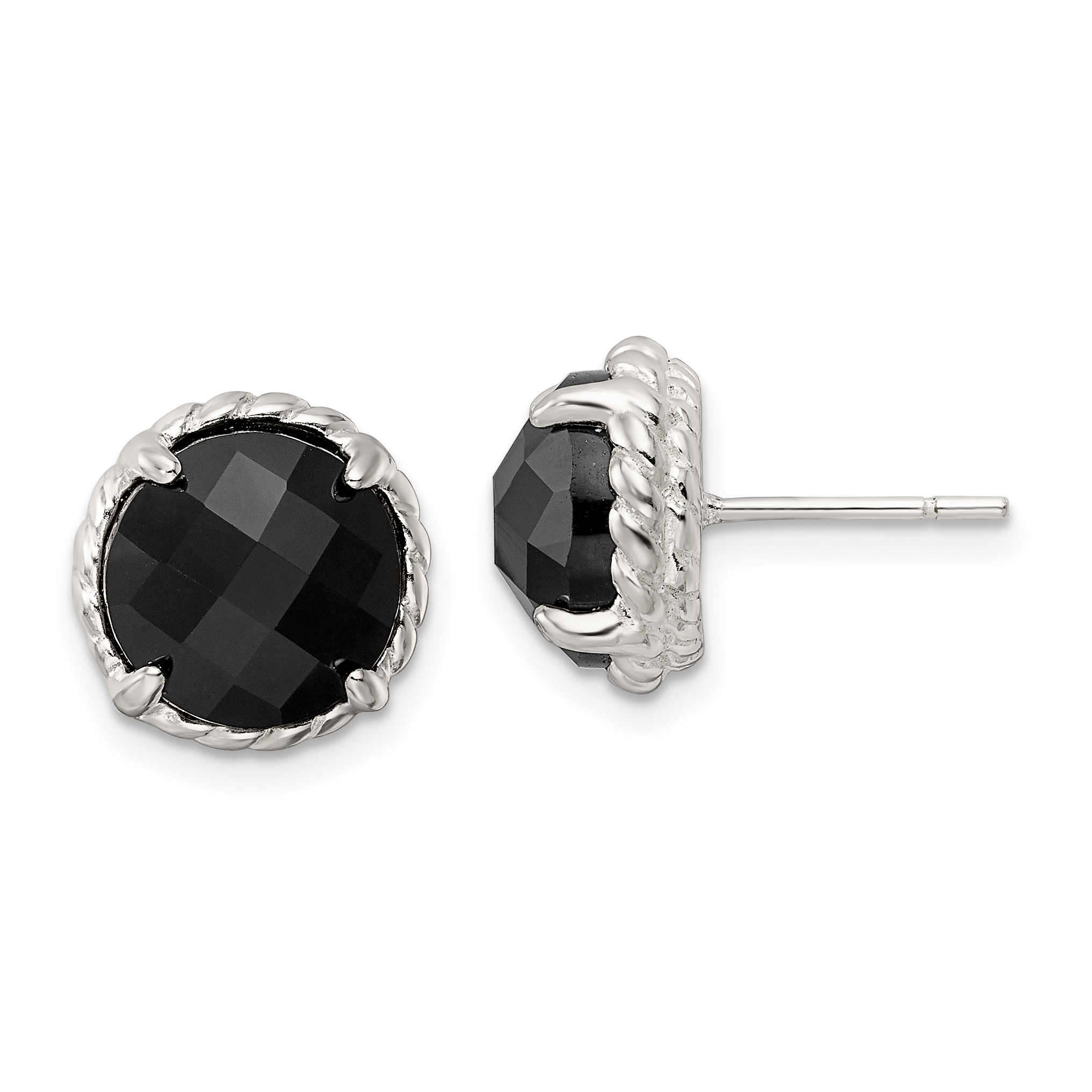 Sterling Silver Polished & Twisted Edge Round Onyx Post Earrings (QE16384)