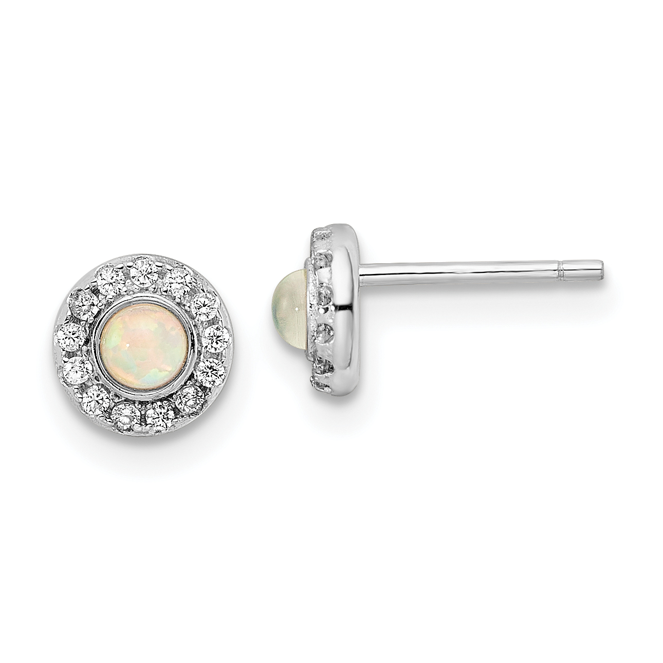 Sterling Silver Rhod-plated Polished Created Opal & CZ Halo Post Earrings (QE16403)