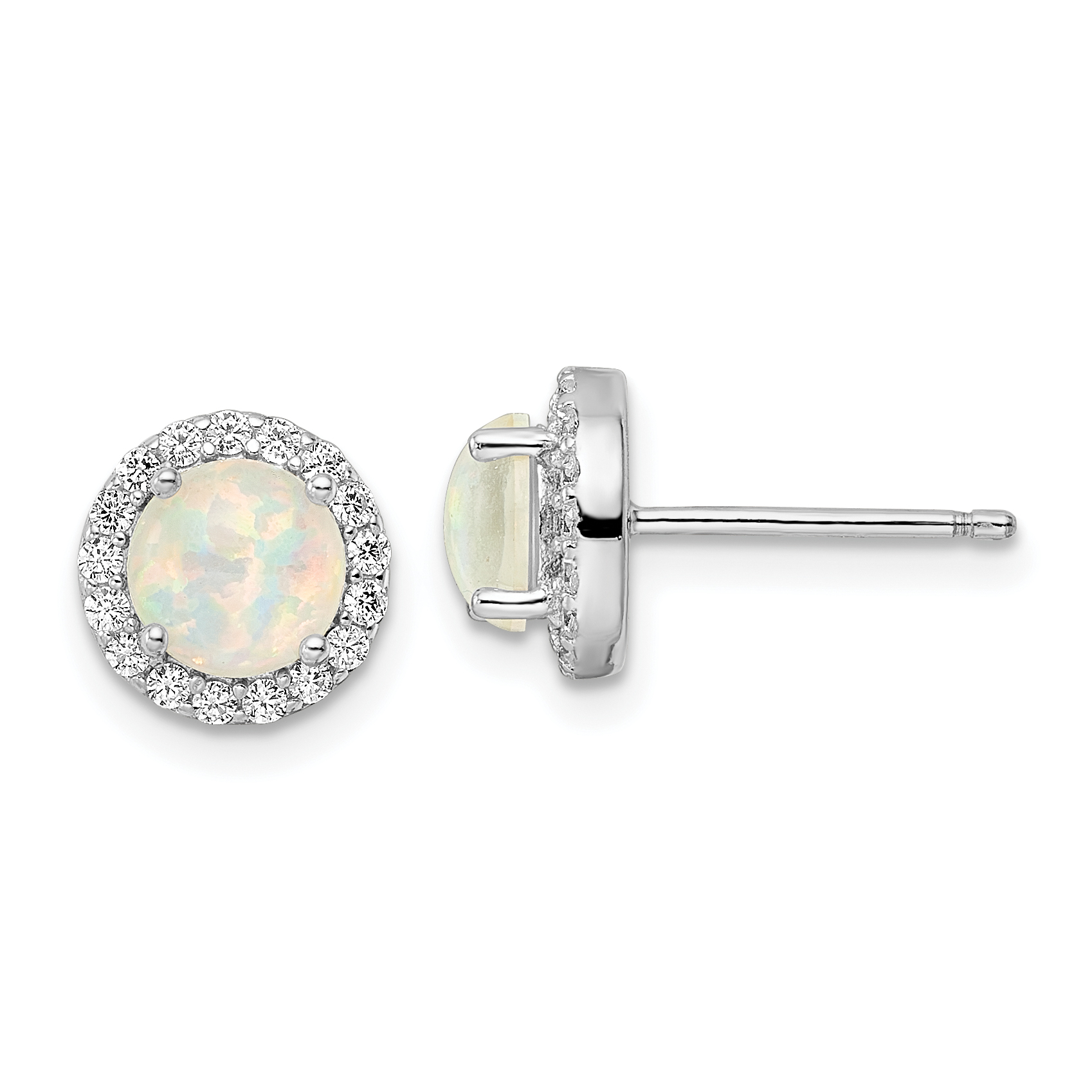 Sterling Silver RH-pltd Polished Created Opal/CZ Round Halo Post Earrings (QE16406)