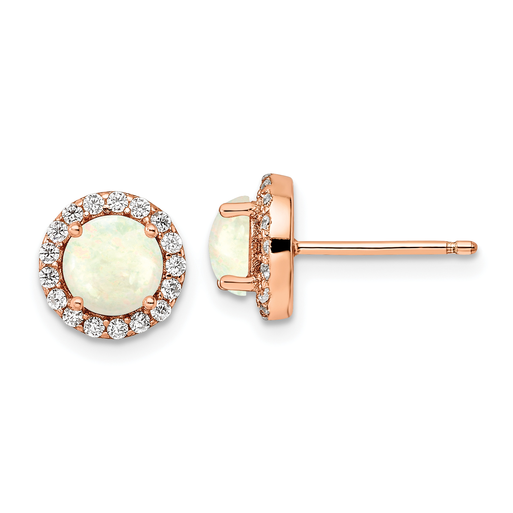 Sterling Silver Rose-tone Polished Created Opal & CZ Halo Post Earrings (QE16407)