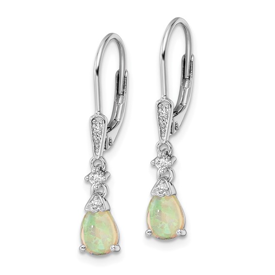 Sterling Silver RH-plated CZ & Created Opal Teardrop Leverback Earrings
