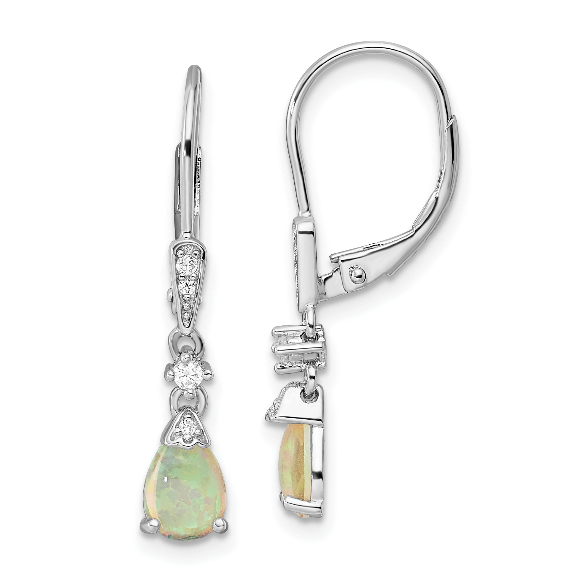 Sterling Silver RH-plated CZ & Created Opal Teardrop Leverback Earrings (QE16409)