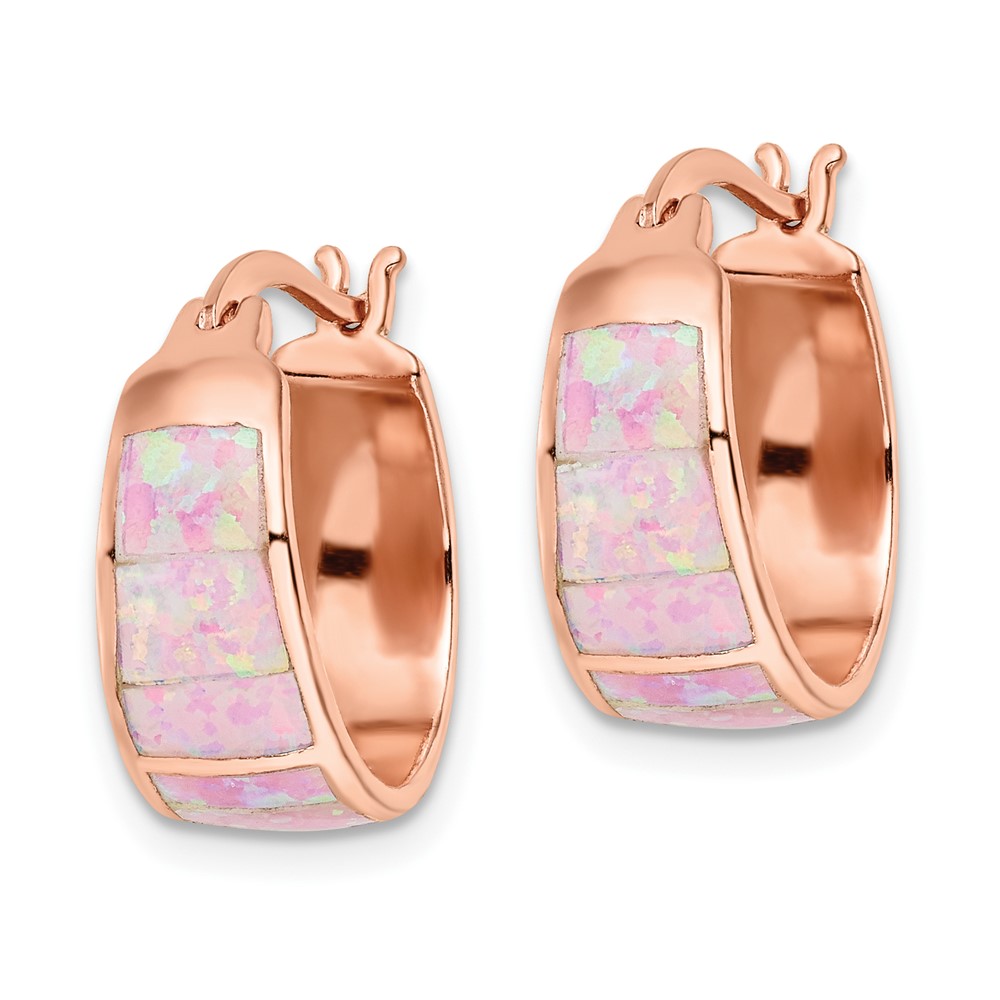 Sterling Silver Rose-tone Polished Pink Created Opal Inlay Hoop Earrings (QE16410)