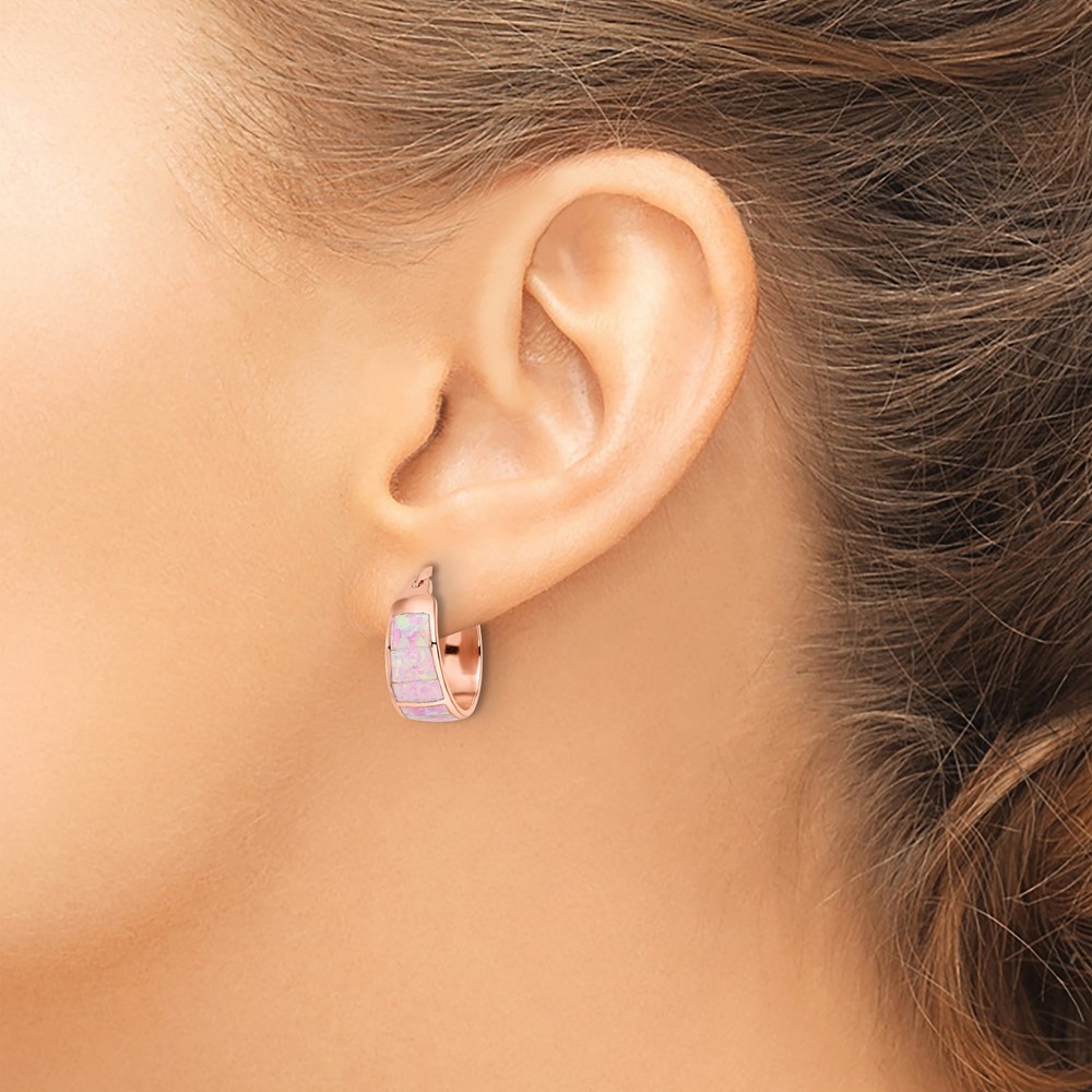 Sterling Silver Rose-tone Polished Pink Created Opal Inlay Hoop Earrings (QE16410)