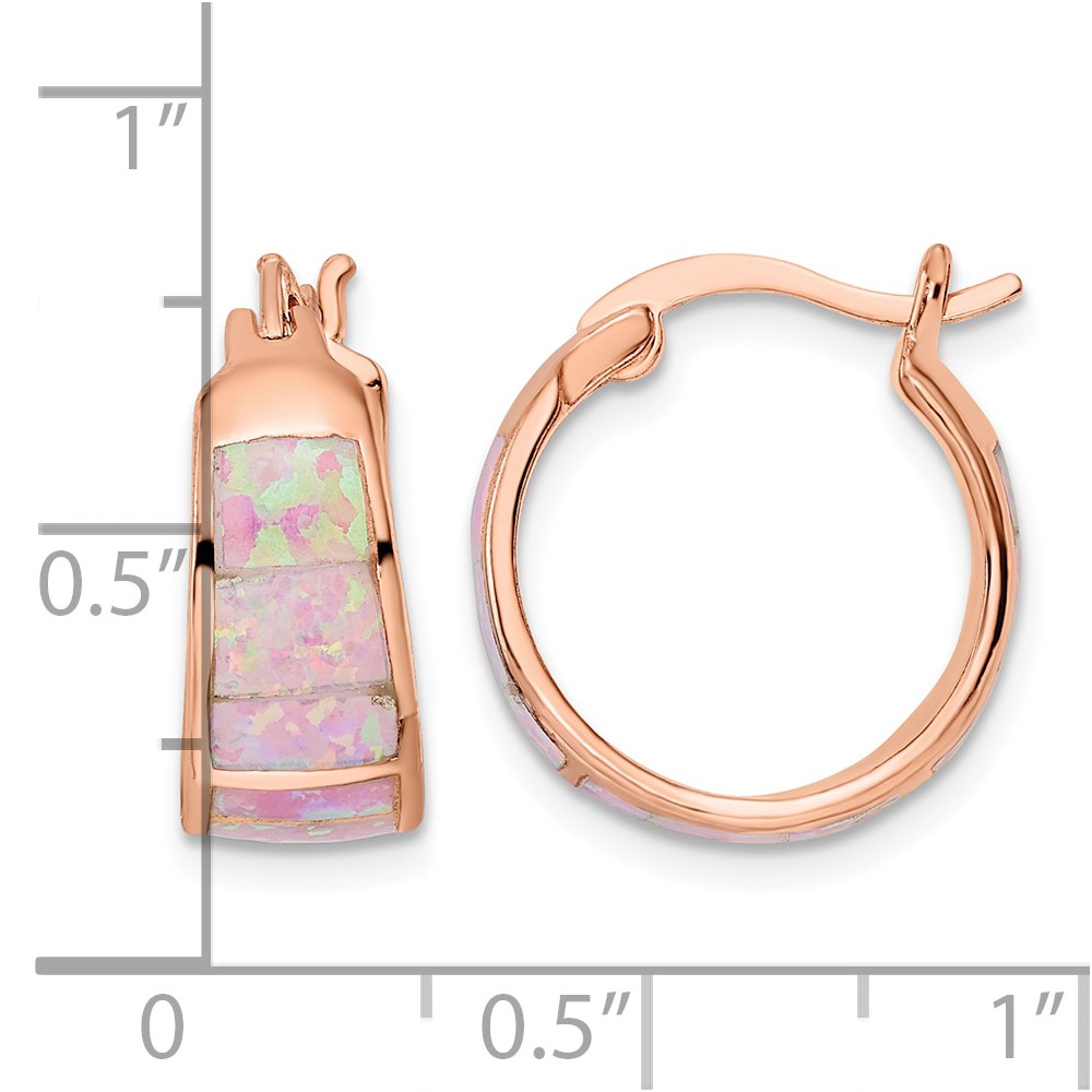 Sterling Silver Rose-tone Polished Pink Created Opal Inlay Hoop Earrings (QE16410)