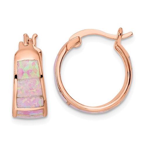 Sterling Silver Rose-tone Polished Pink Created Opal Inlay Hoop Earrings