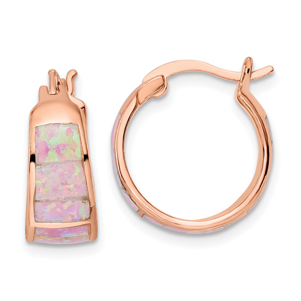 Sterling Silver Rose-tone Polished Pink Created Opal Inlay Hoop Earrings (QE16410)