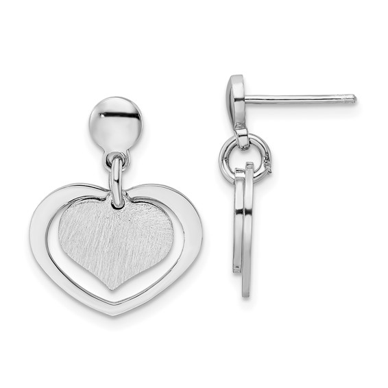 Sterling Silver Rhodium-plated Satin Heart in Heart Dangle Post Earrings