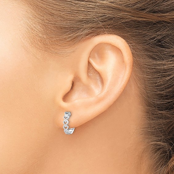 Sterling Silver RH-plated Brushed and Polished Finish Heart Hoop Earrings