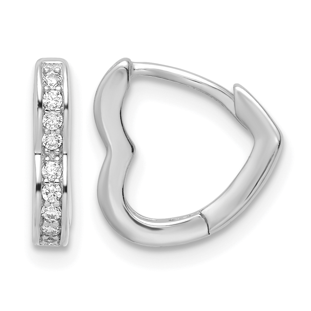Sterling Silver Polished Rhodium-plated CZ Heart Shaped Hoop Earrings (QE16434)