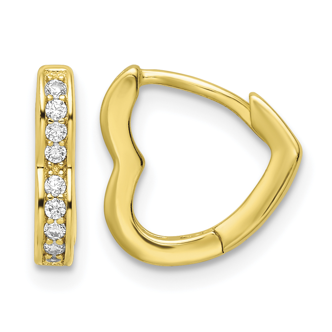 Sterling Silver Polished Gold-tone CZ Hinged Heart Shaped Hoop Earrings (QE16435)