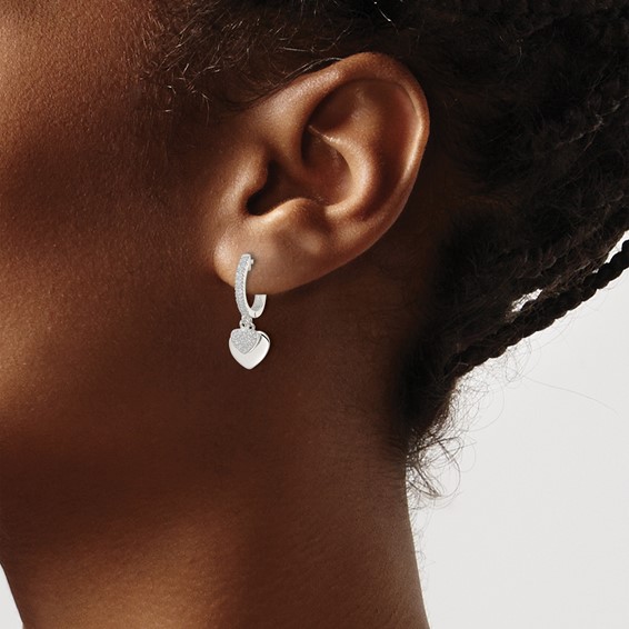 Sterling Silver Polished CZ Dangle Hearts Hinged Hoop Earrings