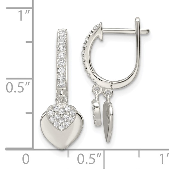 Sterling Silver Polished CZ Dangle Hearts Hinged Hoop Earrings