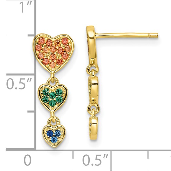 Sterling Silver Gold-tone Multicolor CZ Hearts Post Dangle Earrings