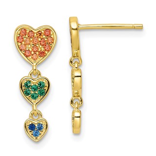 Sterling Silver Gold-tone Multicolor CZ Hearts Post Dangle Earrings