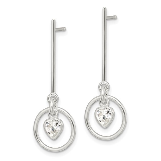 Sterling Silver Polished Dangle Heart CZ Post Earrings