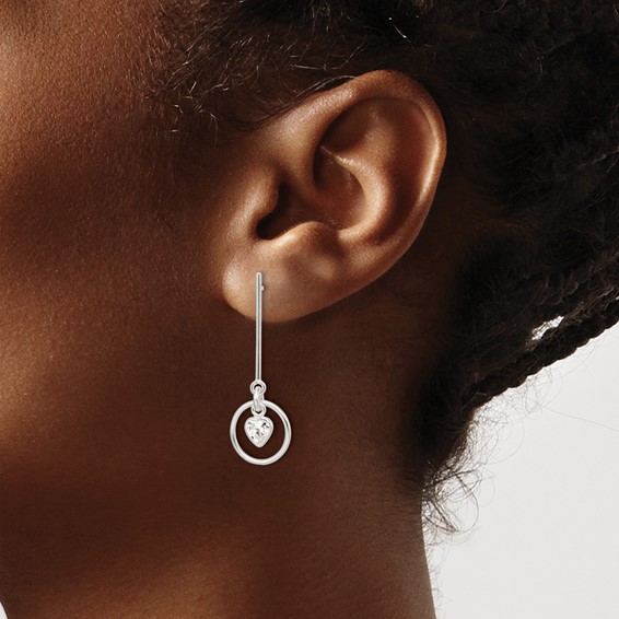 Sterling Silver Polished Dangle Heart CZ Post Earrings