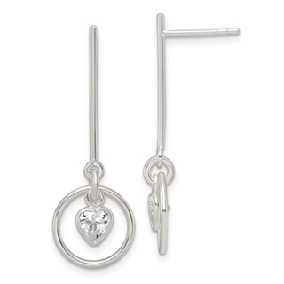 Sterling Silver Polished Dangle Heart CZ Post Earrings
