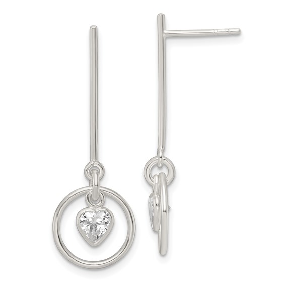 Sterling Silver Polished Dangle Heart CZ Post Earrings