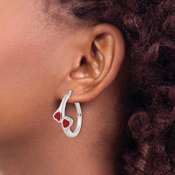 Sterling Silver Polished Red Enamel Hearts Circle Hoop Earrings