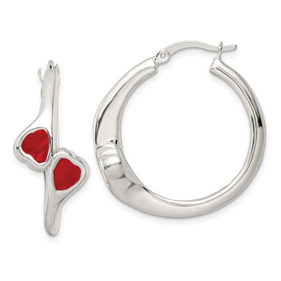 Sterling Silver Polished Red Enamel Hearts Circle Hoop Earrings
