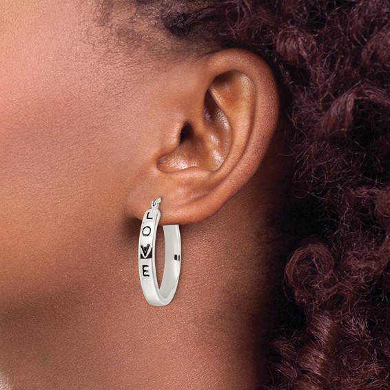 Sterling Silver Polished Black Enamel Love Circle Hoop Earrings