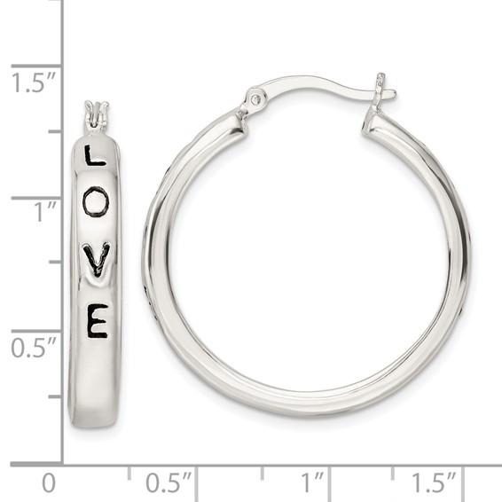 Sterling Silver Polished Black Enamel Love Circle Hoop Earrings
