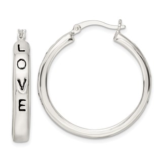 Sterling Silver Polished Black Enamel Love Circle Hoop Earrings