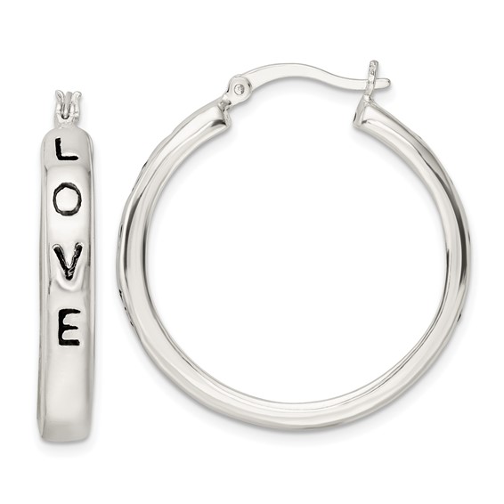 Sterling Silver Polished Black Enamel Love Circle Hoop Earrings