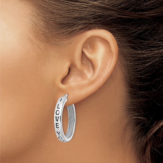 Sterling Silver Rhodium-plated Fabric Glitter I Love You Hoop Earrings