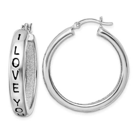 Sterling Silver Rhodium-plated Fabric Glitter I Love You Hoop Earrings