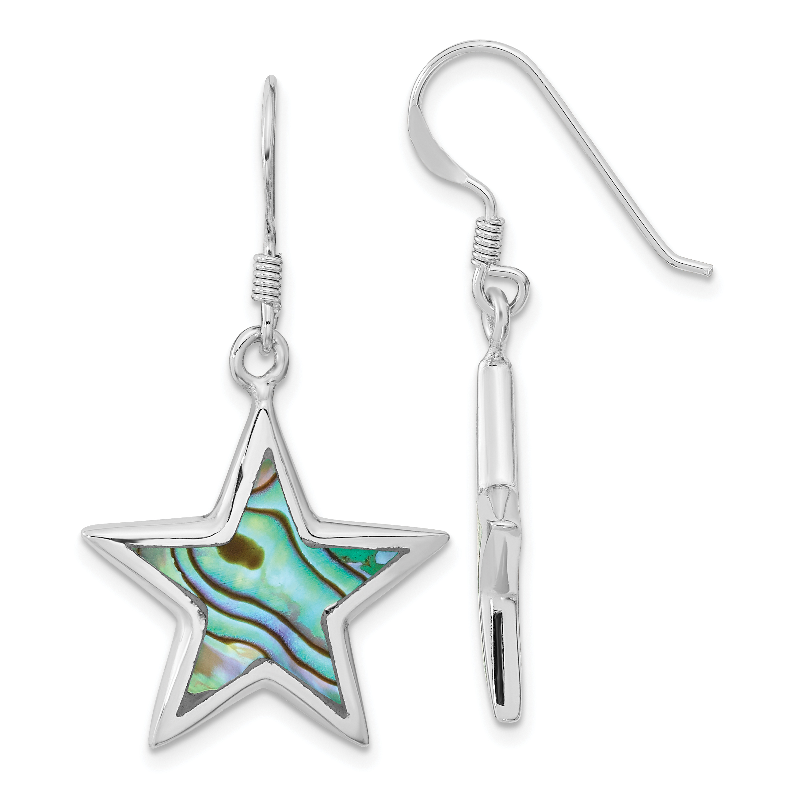 Sterling Silver Rhodium-plated Polished Abalone Star Dangle Earrings (QE16493)
