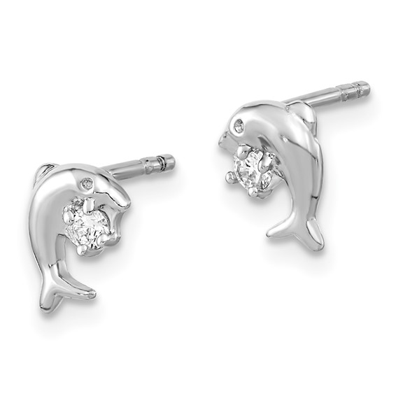 Sterling Silver Rhodium-plated CZ Dolphin Post Earrings