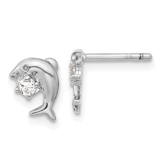Sterling Silver Rhodium-plated CZ Dolphin Post Earrings