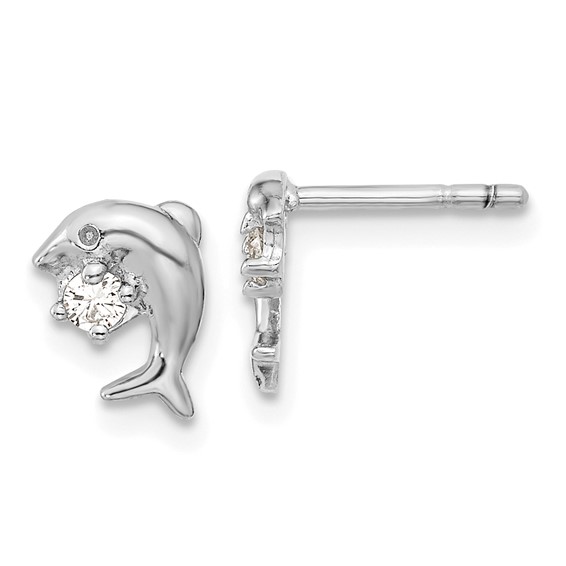 Sterling Silver Rhodium-plated CZ Dolphin Post Earrings