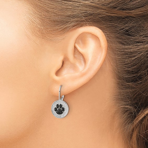Sterling Silver Rhodium-plated Polished CZ Paw Print Leverback Earrings