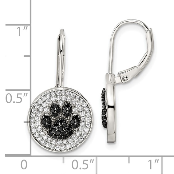Sterling Silver Rhodium-plated Polished CZ Paw Print Leverback Earrings