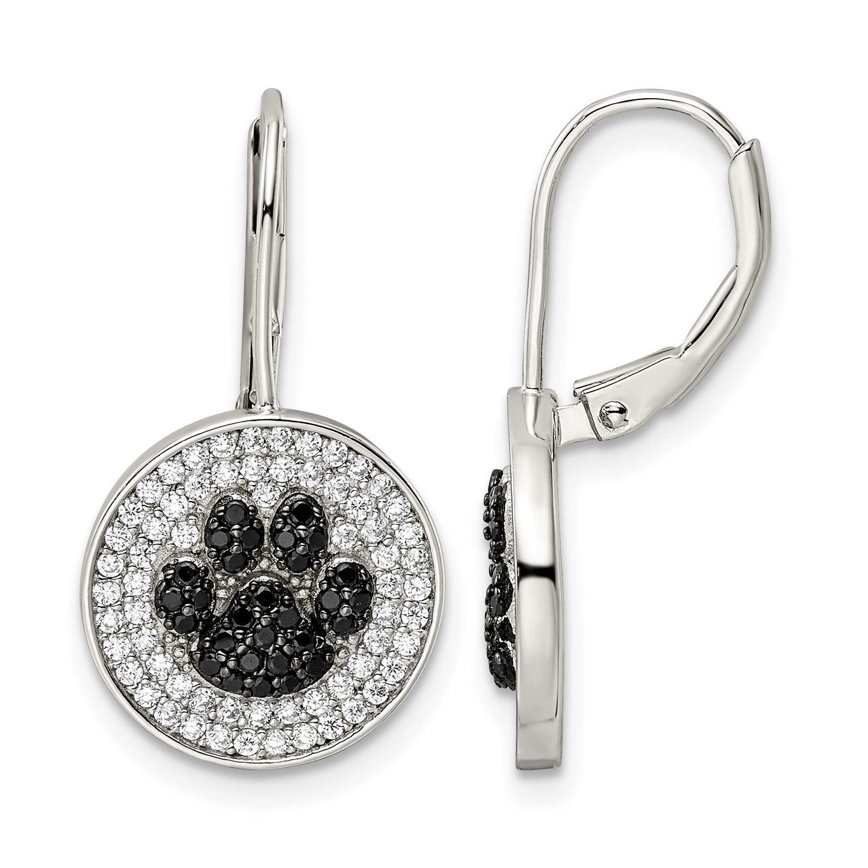 Sterling Silver Rhodium-plated Polished CZ Paw Print Leverback Earrings (QE16501)