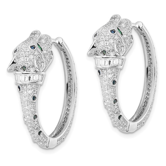 Sterling Silver Rhodium-plated Polished CZ Cheetah Hinged Hoop Earrings