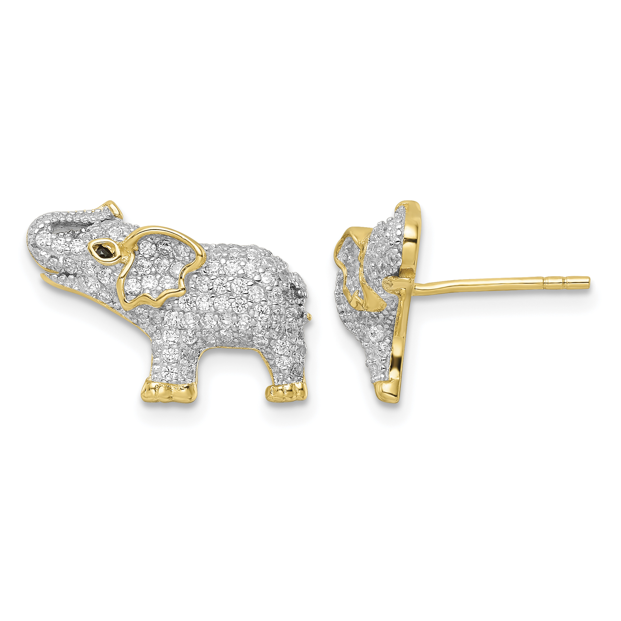 Sterling Silver Rhodium-plated Gold Tone CZ Elephant Post Earrings (QE16507)