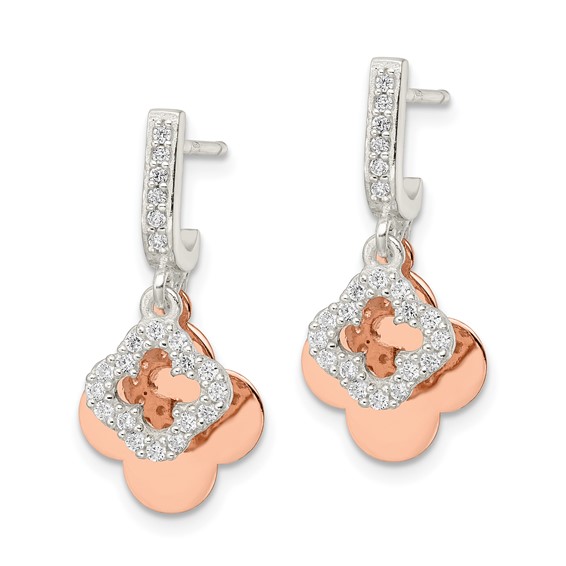 Sterling Silver Rose-tone Quatrefoil CZ Dangle Post Earrings