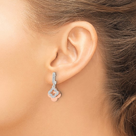 Sterling Silver Rose-tone Quatrefoil CZ Dangle Post Earrings