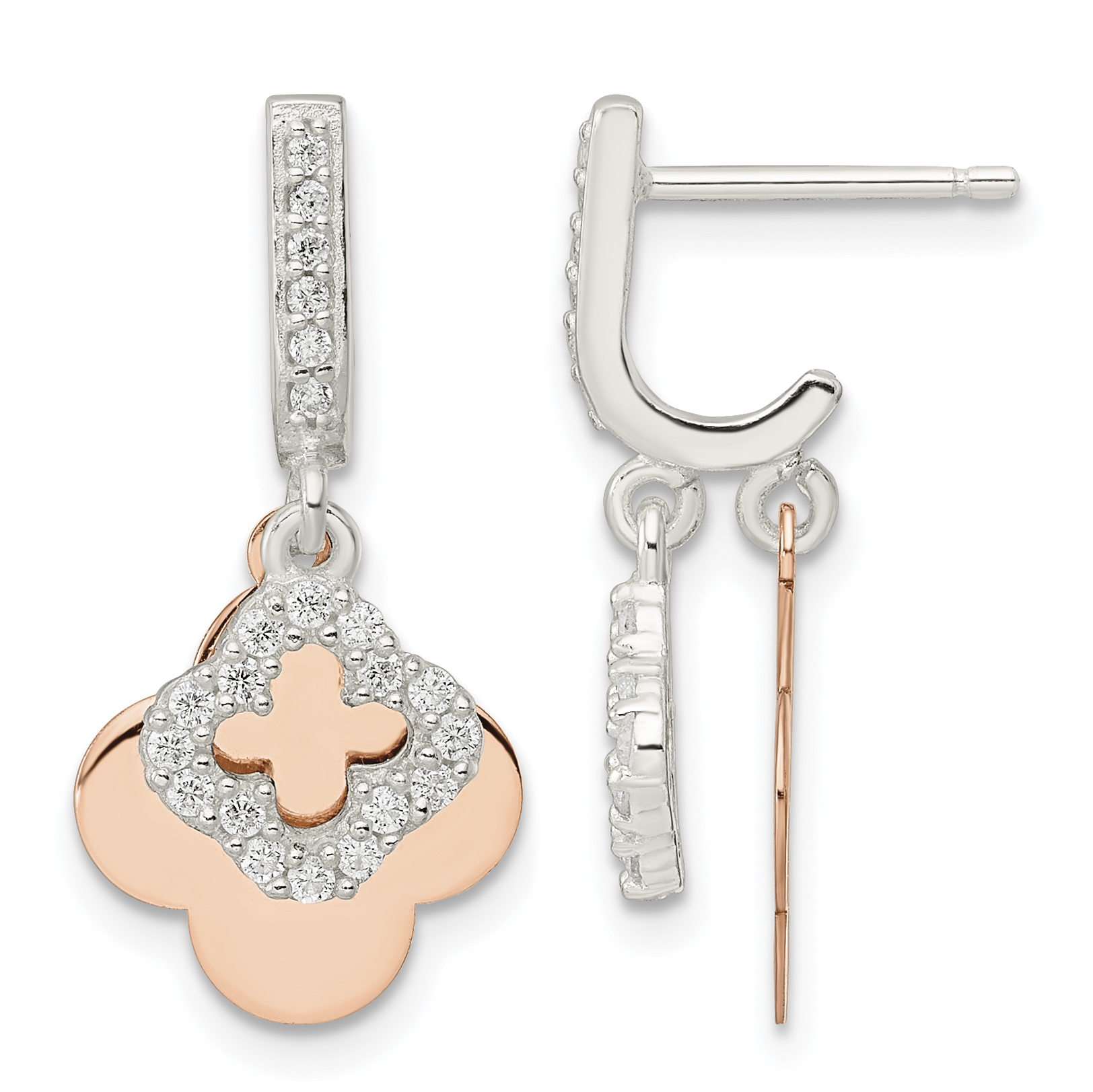 Sterling Silver Rose-tone Quatrefoil CZ Dangle Post Earrings (QE16533)