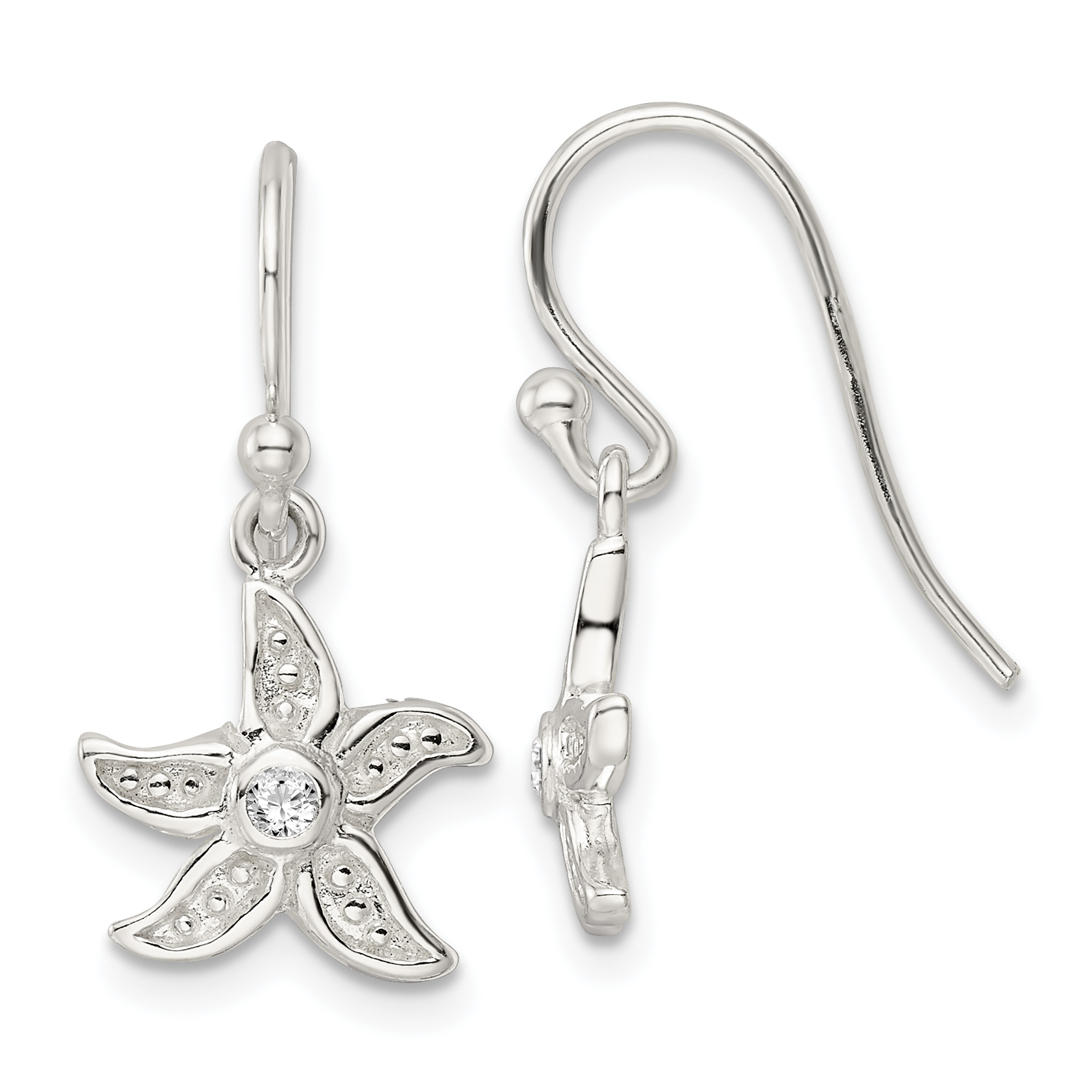 Sterling Silver Textured CZ Center Starfish Shepherd Hook Earrings (QE16534)